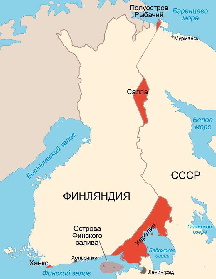 Территории, уступленные Финляндией СССР согласно договору, а также арендованные СССР (красным)